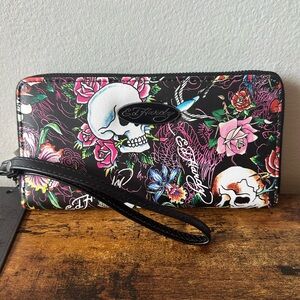 Ed Hardy Black Multicolor Skull Wallet Wristlet with Tattoo-Style Print NWT